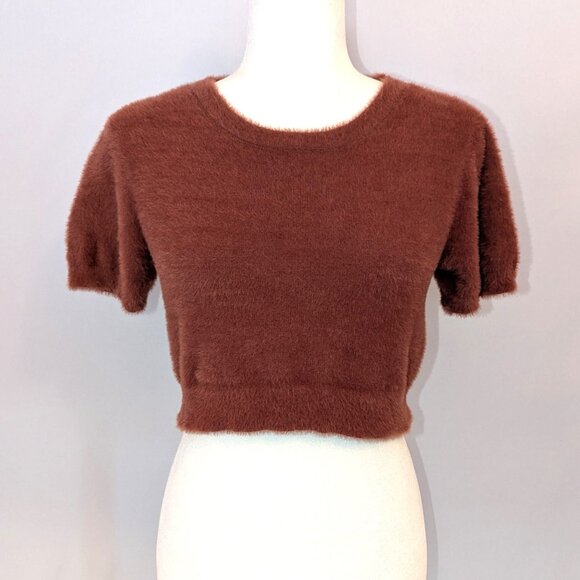 Altar’d State | Fuzzy Crop Top Short Sleeve Sweater in Brown | Size	Small - Picture 1 of 10